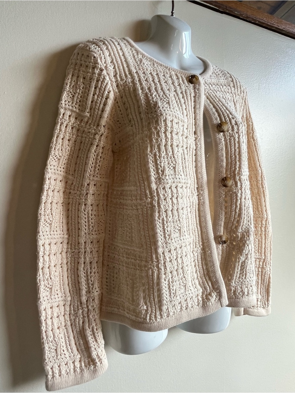 MAGASCHONI Summer Fall Crochet Sweater Button Front Sz Med NWT Cream Cardigan